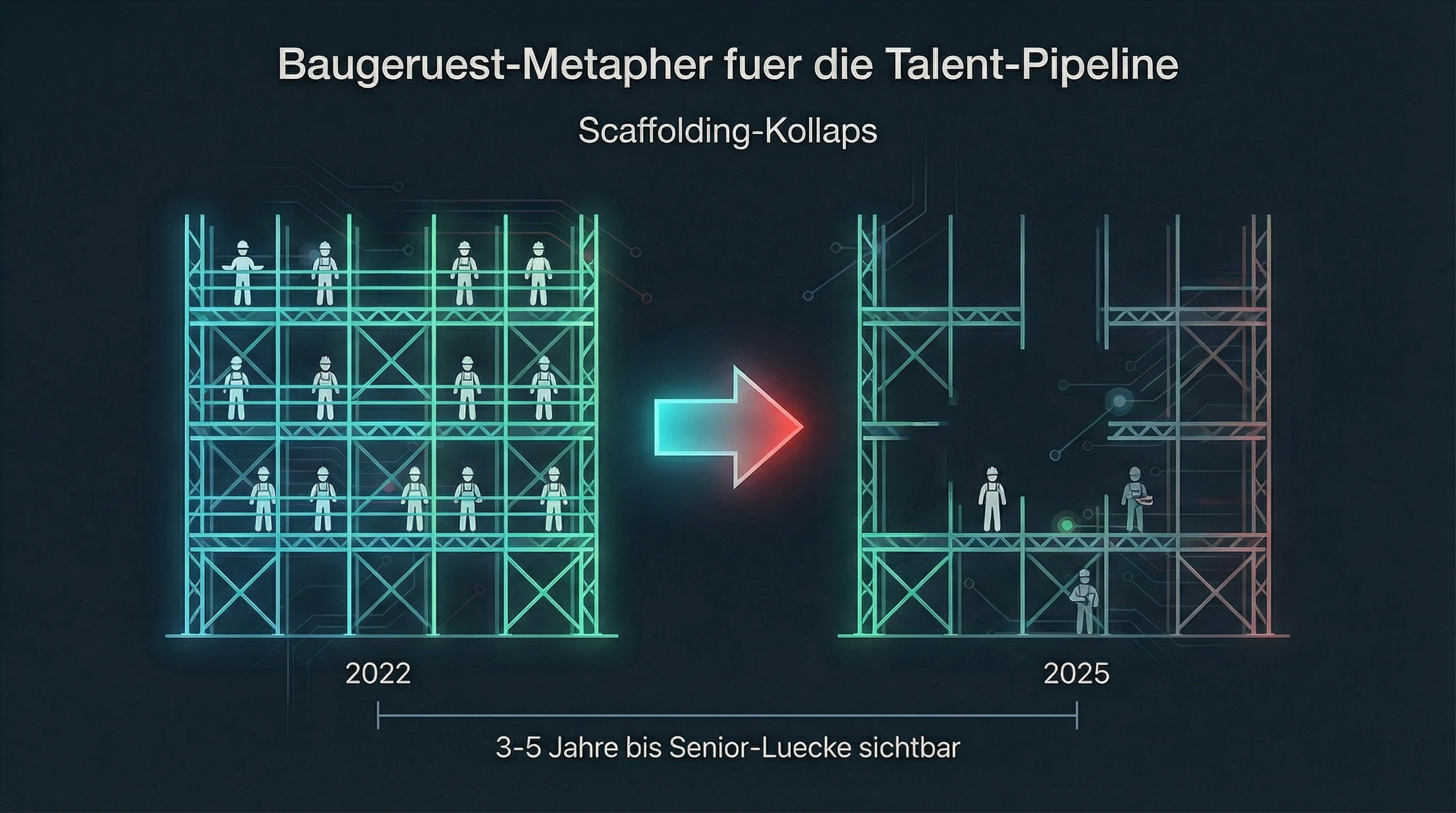 Baugerüst-Metapher für die Talent-Pipeline: 2022 voll besetzt, 2025 ausgedünnt — 3-5 Jahre bis die Senior-Lücke sichtbar wird